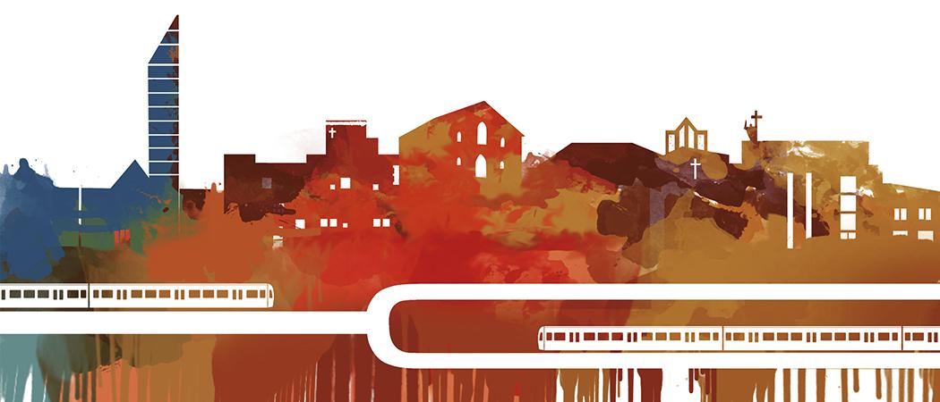 Piirretty kuva jossa puita, vett&auml;, metroja ja it&auml;-helsinkil&auml;isi&auml; kirkkoja.